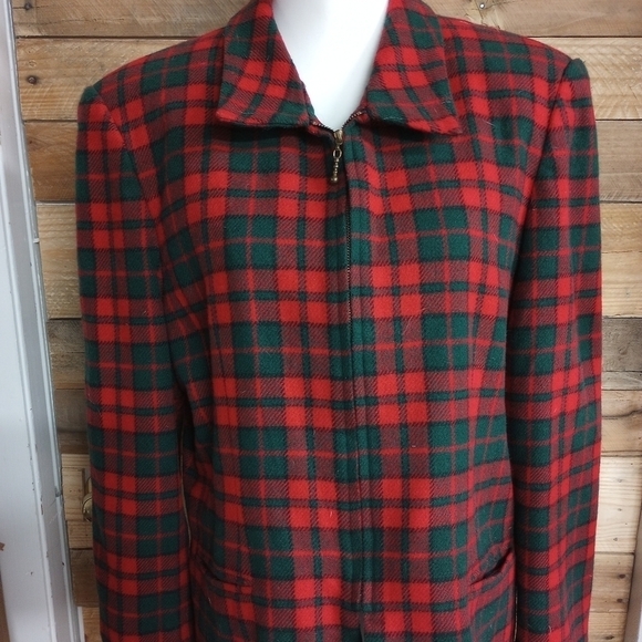 Vintage Norton Mcnaughton Zip Front Plaid Wool Blend Red Green Women's Jacket 14 - Picture 1 of 11
